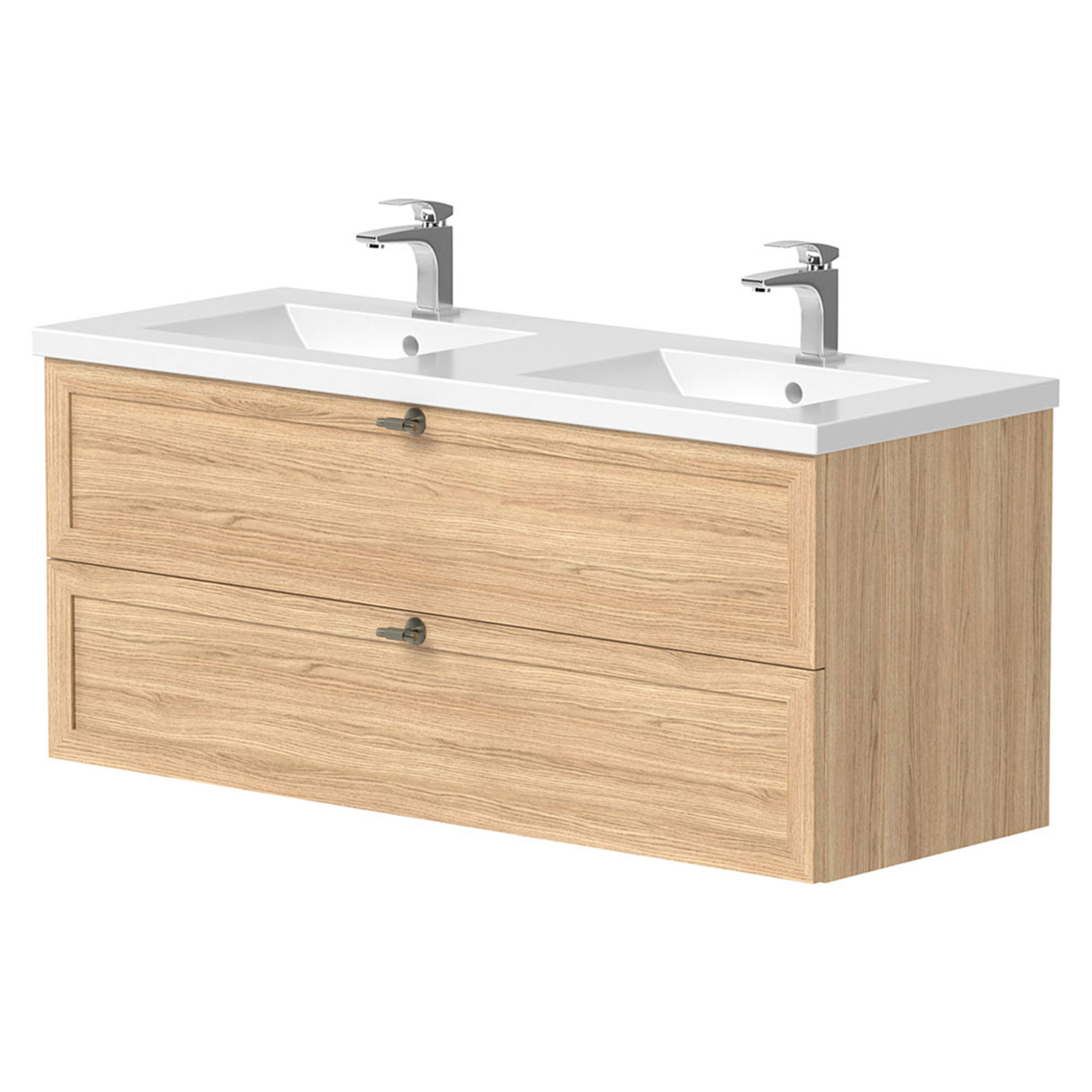 Tvättställsskåp Craftwood Ek Matt 120 cm med Dubbelt Handfat Vit Blank & Handtagen Antik Mässing