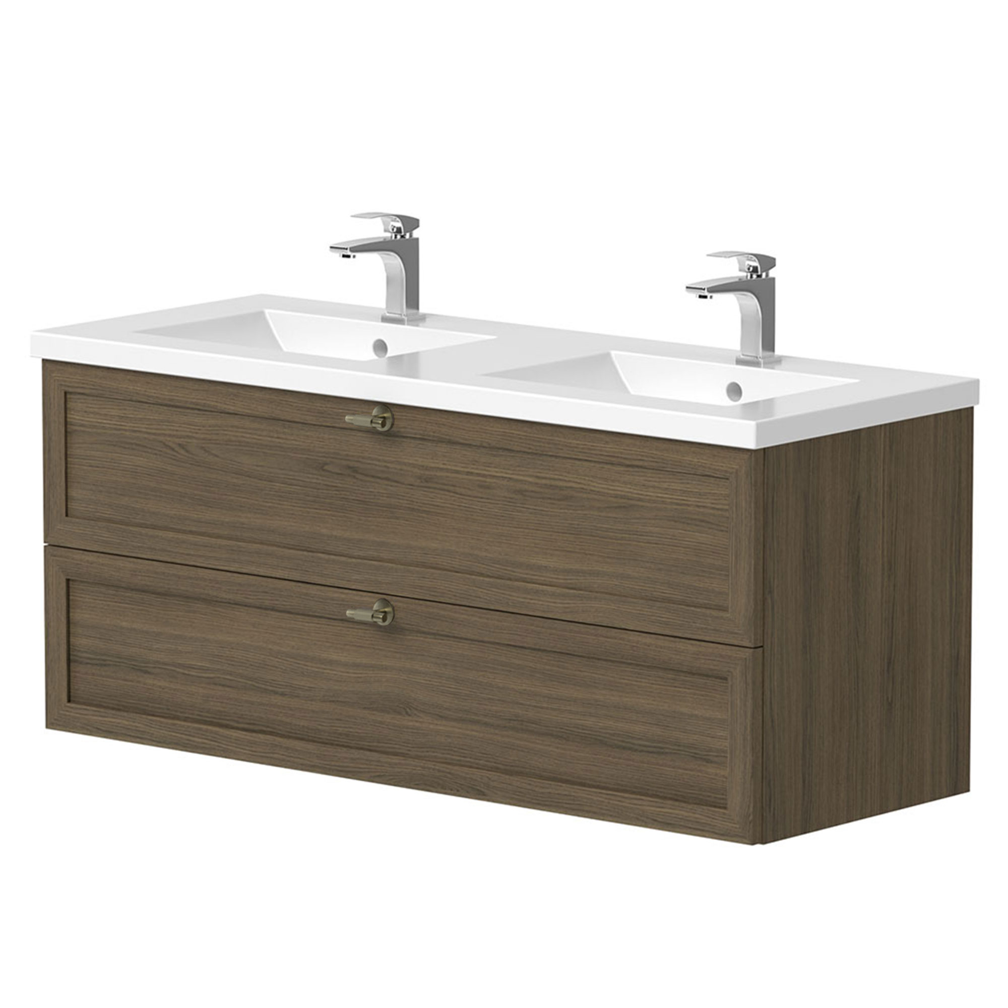 Tvättställsskåp Craftwood Valnöt Matt 120 cm med Dubbelt Handfat Vit Blank & Handtagen Antik Mässing