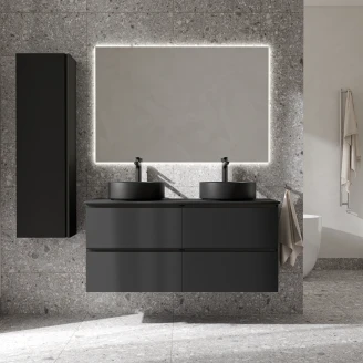 Badrumspaket Dubbelt Tvättställsskåp Luna Svart 120 cm med Svart Bänkskiva, Högskåp, Handfat, Tvättställsblandare, Bottenventiler & Spegel