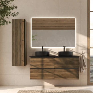 Badrumspaket Dubbelt Tvättställsskåp Walnut Luna Trä 120 cm med Svart Bänkskiva, Högskåp, Handfat, Tvättställsblandare, Bottenventiler & Spegel