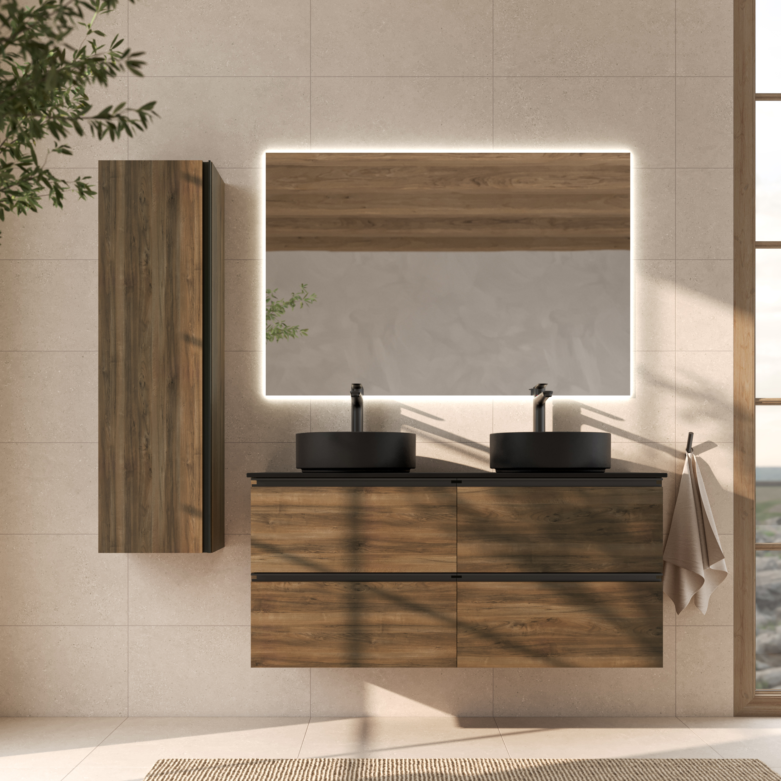 Badrumspaket Dubbelt Tvättställsskåp Walnut Luna Trä 120 cm med Svart Bänkskiva, Högskåp, Handfat, Tvättställsblandare, Bottenventiler & Spegel