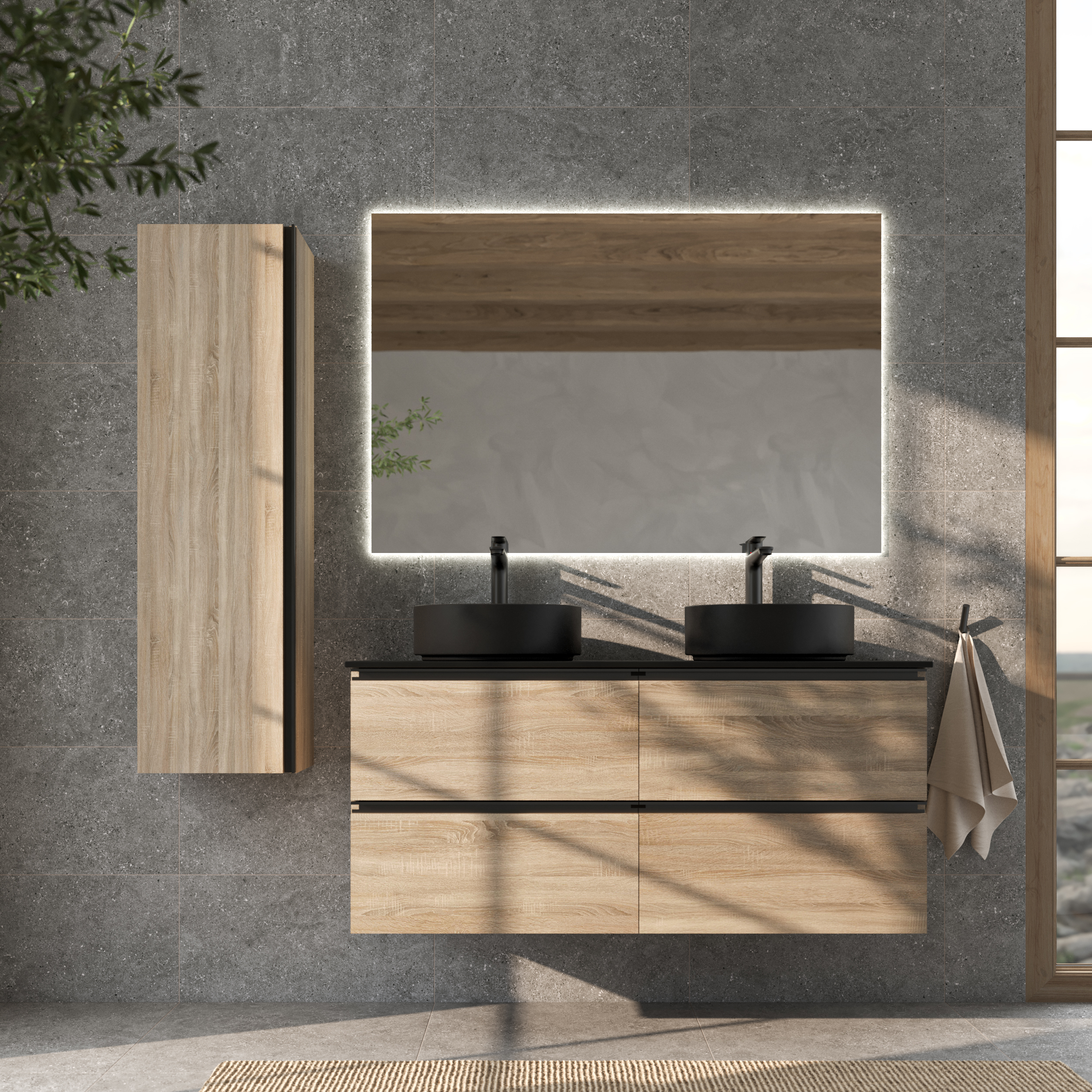 Badrumspaket Dubbelt Tvättställsskåp Ek Luna Trä 120 cm med Svart Bänkskiva, Högskåp, Handfat, Tvättställsblandare, Bottenventiler & Spegel