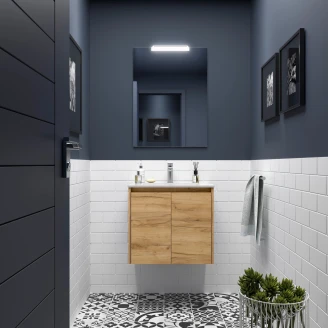 Tvättställsskåp <strong>Flint</strong>  Trä Ljus Matt 60 cm med Handfat Vit Blank