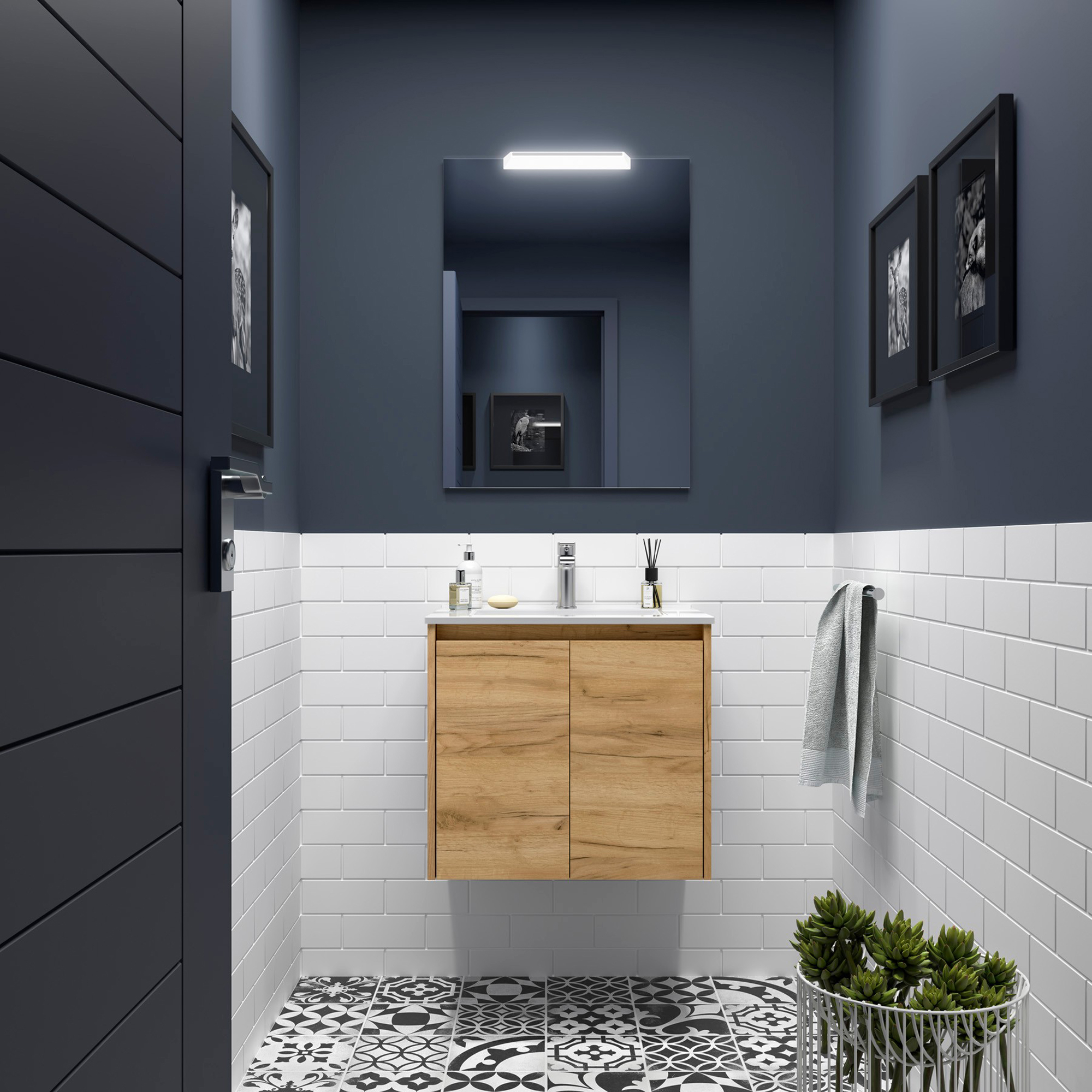 Tvättställsskåp Flint Trä Ljus Matt 70 cm med Handfat Vit Blank