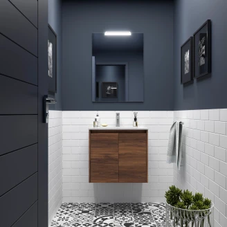 Tvättställsskåp <strong>Flint</strong>  Valnöt Matt 70 cm med Handfat Vit Blank