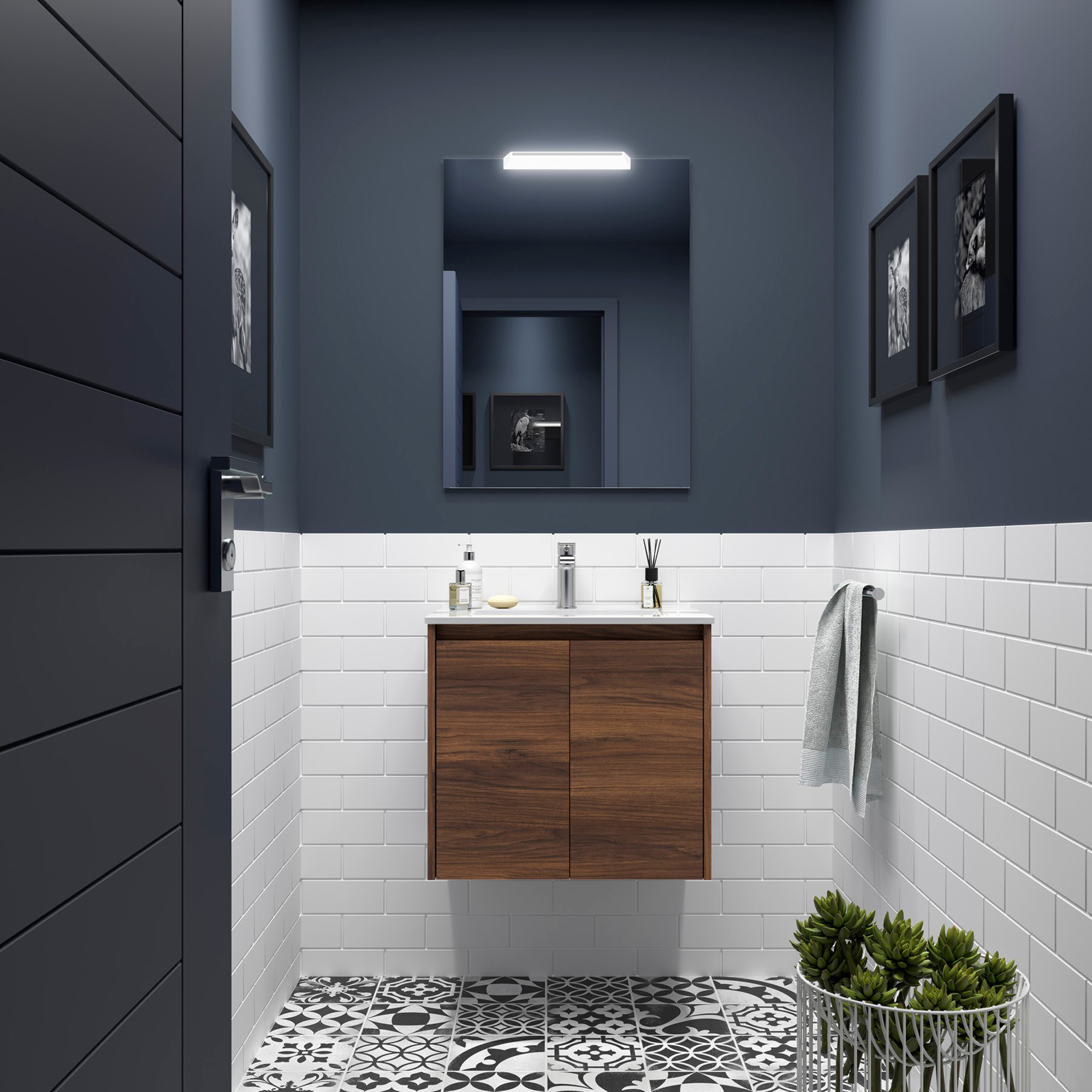 Tvättställsskåp Flint Valnöt Matt 70 cm med Handfat Vit Blank