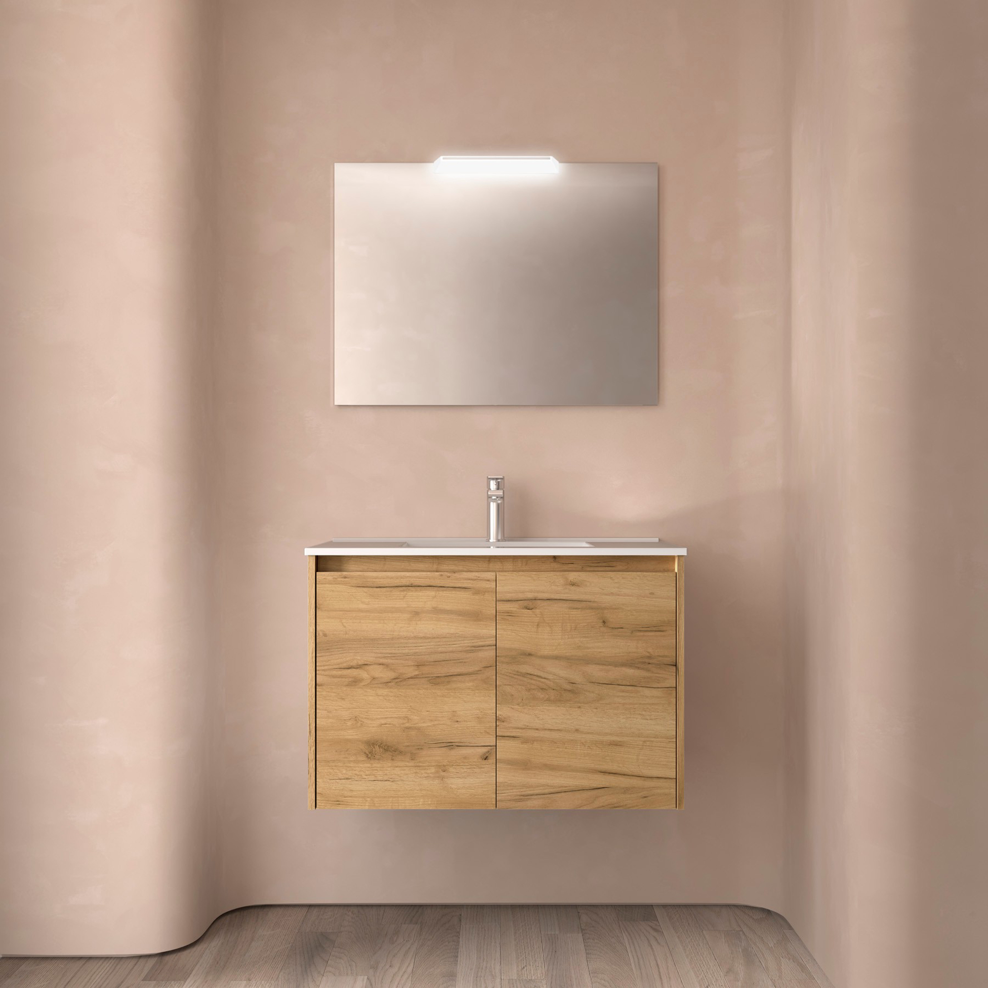 Tvättställsskåp Flint Trä Ljus Matt 80 cm med Handfat Vit Blank