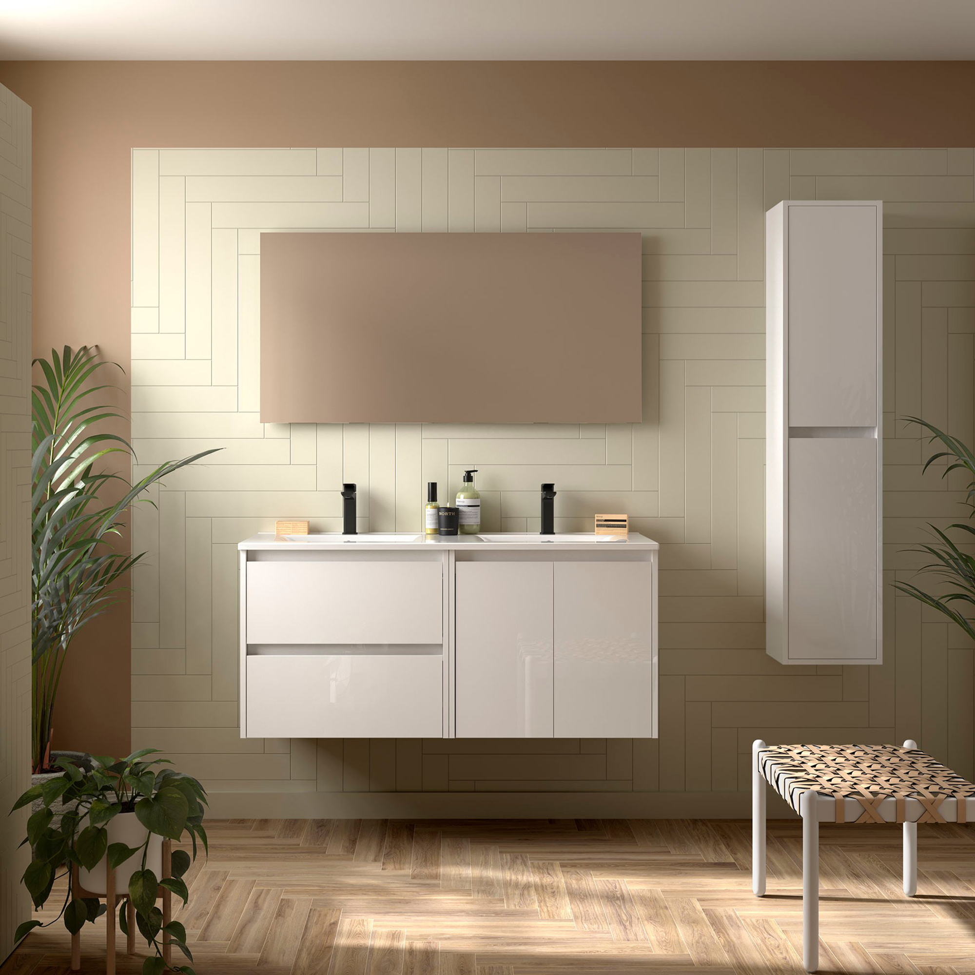 Tvättställsskåp Flint Vit Blank 120 cm, 2 Lådor & 2 Dörrar med Dubbel Handfat Vit Blank