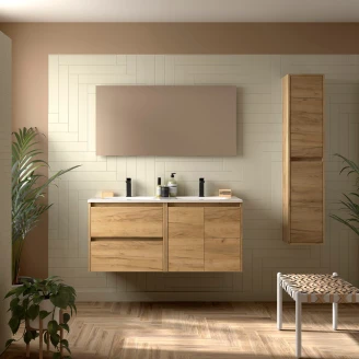 Tvättställsskåp <strong>Flint</strong>  Trä Ljus Matt 120 cm, 2 Lådor & 2 Dörrar med Dubbel Handfat Vit Blank