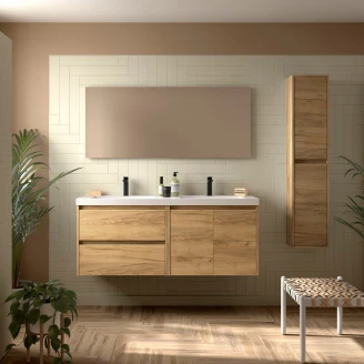 Tvättställsskåp <strong>Flint</strong>  Trä Ljus Matt 140 cm, 2 Lådor & 2 Dörrar med Dubbel Handfat Vit Blank