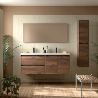 Tvättställsskåp <strong>Flint</strong>  Valnöt Matt 140 cm, 2 Lådor & 2 Dörrar med Dubbel Handfat Vit Blank