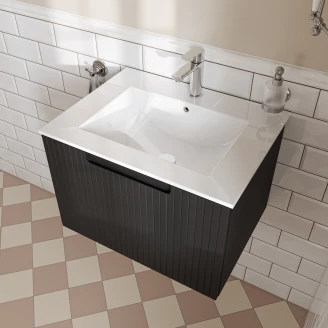 Tvättställsskåp <strong>Ribb</strong>  Svart Matt 60 cm med Handfat Vit Blank