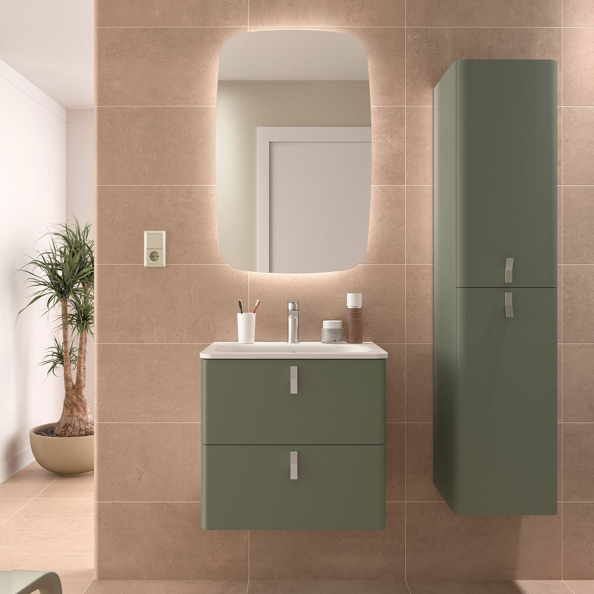 Tvättställsskåp Avrel Skogsgrön Matt 60 cm med Handfat Vit Matt & Handtagen Krom