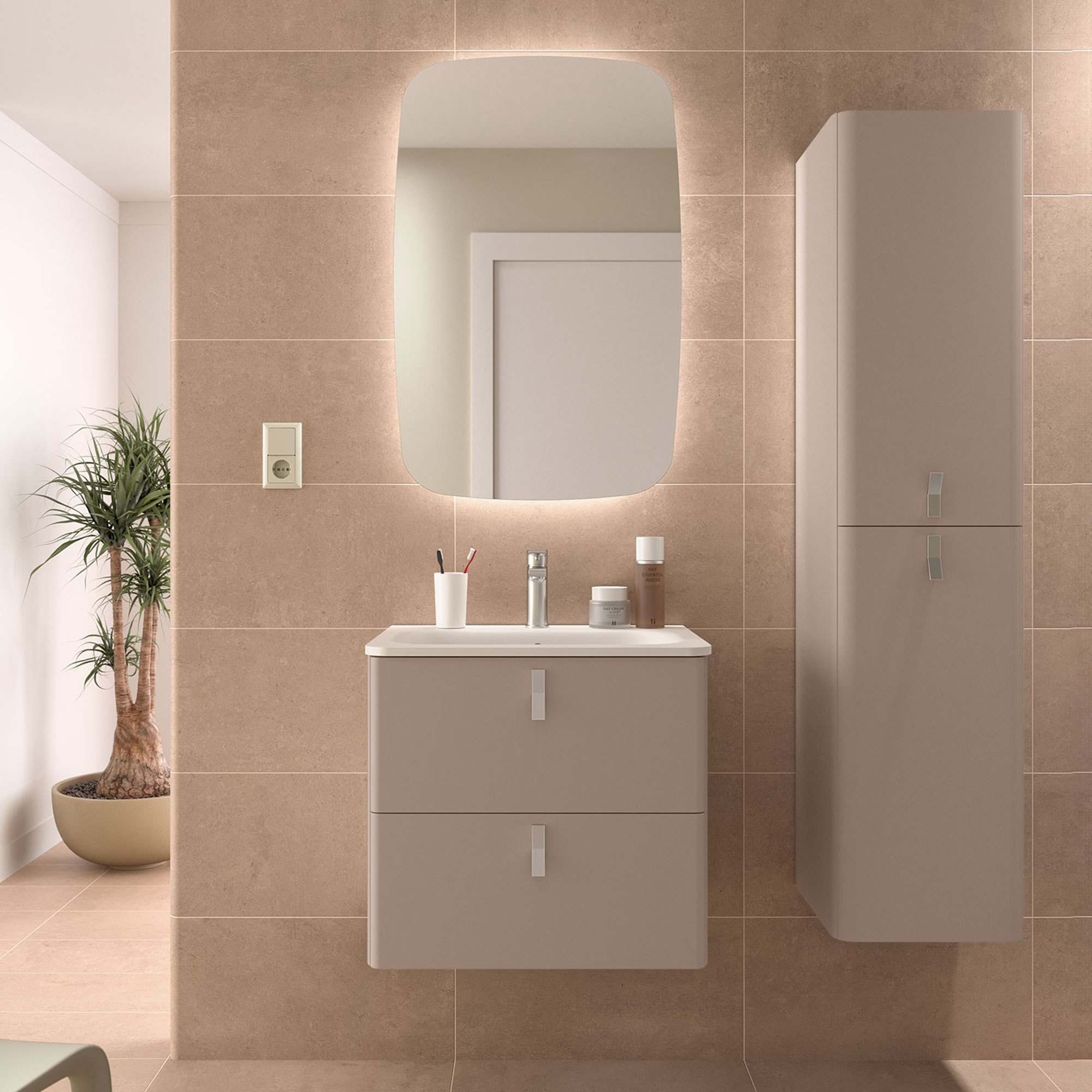 Tvättställsskåp Avrel Taupe Matt 60 cm med Handfat Vit Matt & Handtagen Krom