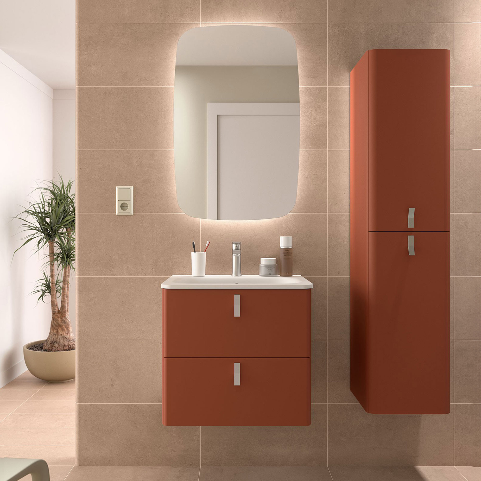 Tvättställsskåp Avrel Terrakotta Matt 60 cm med Handfat Vit Matt & Handtagen Krom