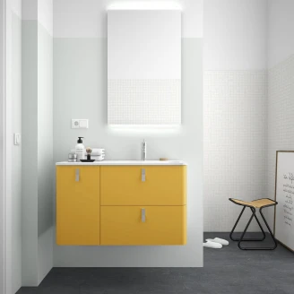 Tvättställsskåp <strong>Avrel</strong>  Vänster Gul Matt 90 cm med Handfat Vit Matt & Handtagen Krom