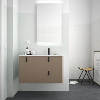 Tvättställsskåp <strong>Avrel</strong>  Vänster Taupe Matt 90 cm med Handfat Vit Matt & Handtagen Svart