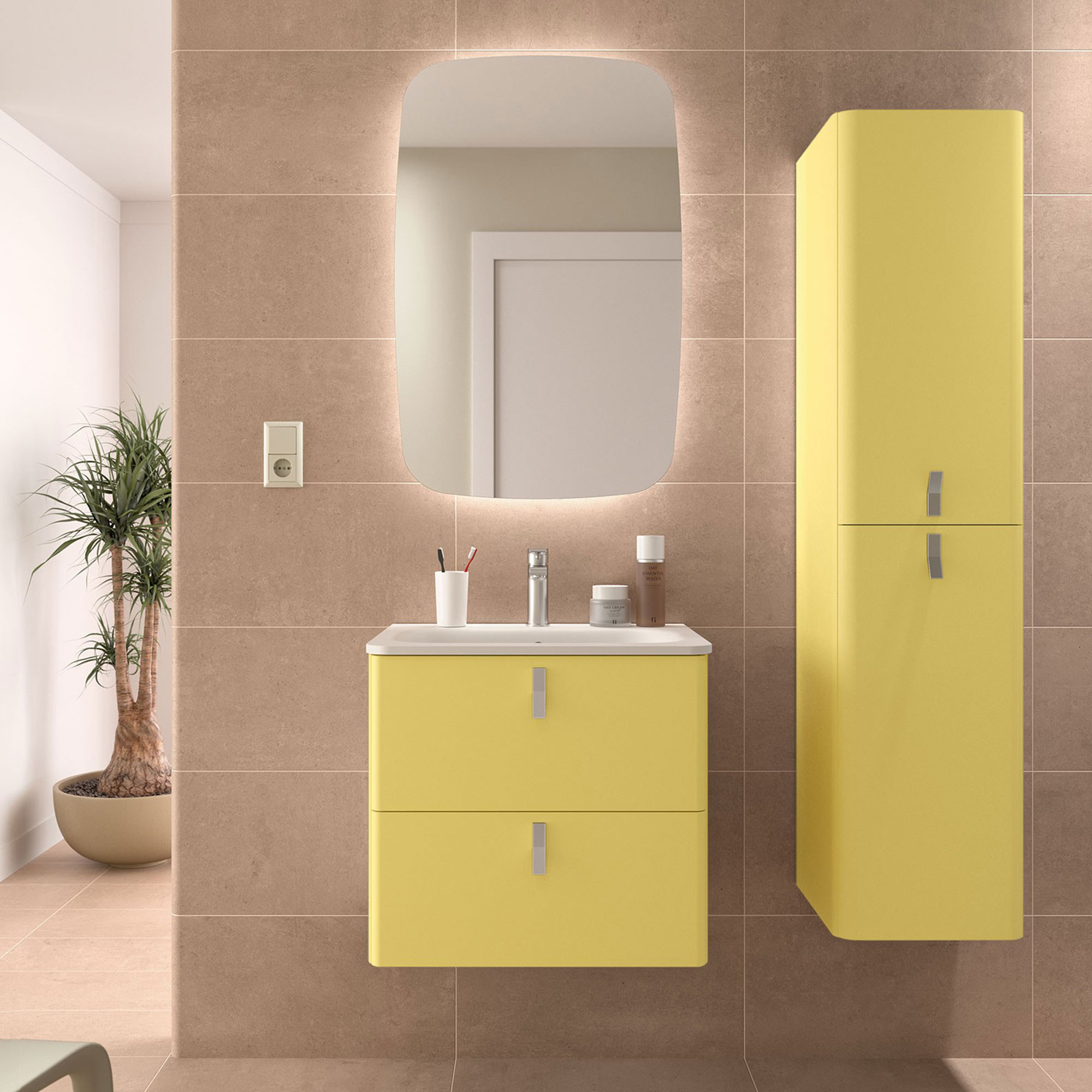 Tvättställsskåp Avrel Halmgul Matt 60 cm med Handfat Vit Matt & Handtagen Krom