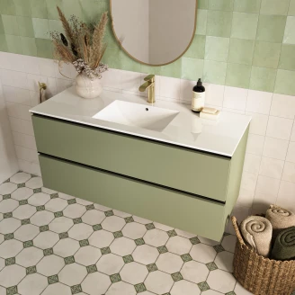 Tvättställsskåp <strong>Luna</strong>  Oliv Matt 120 cm med Handfat Vit Blank