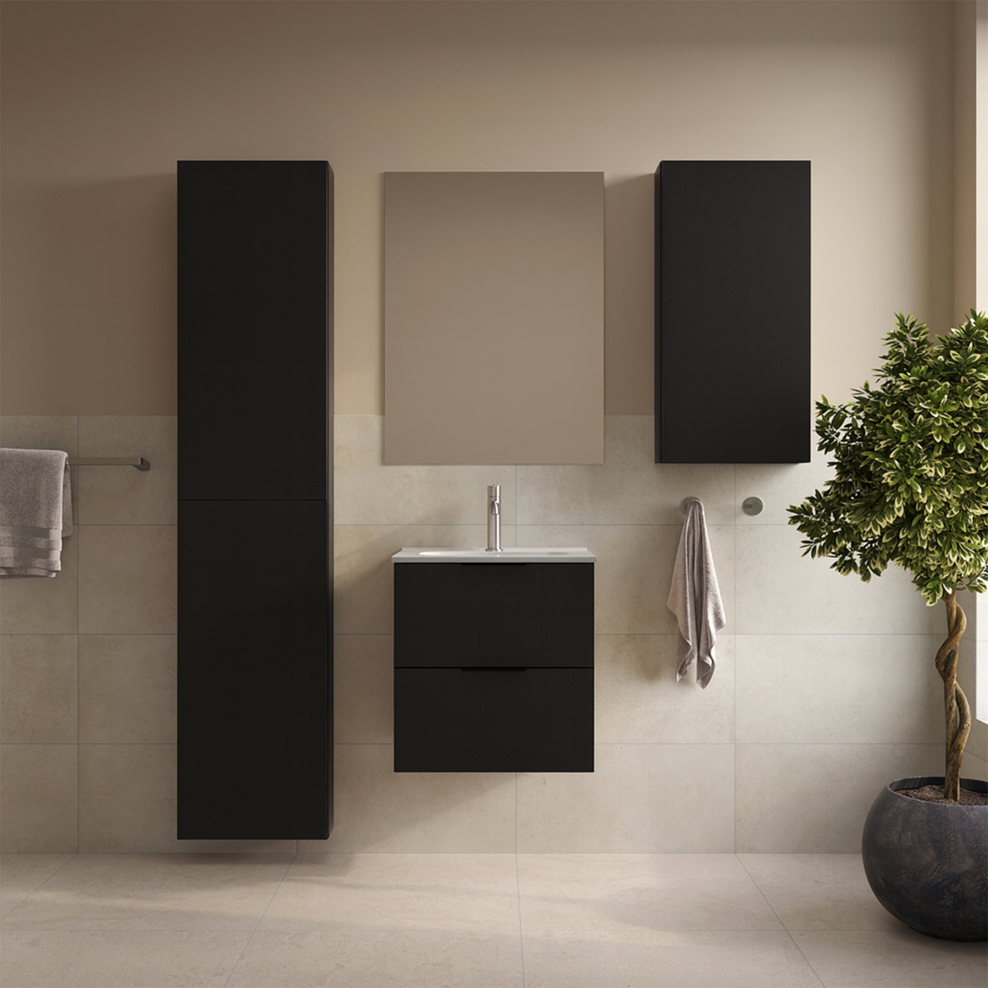 Badrumspaket Tvättställsskåp Opus Svart Matt 50 cm med Högskåp, Väggskåp & Spegel