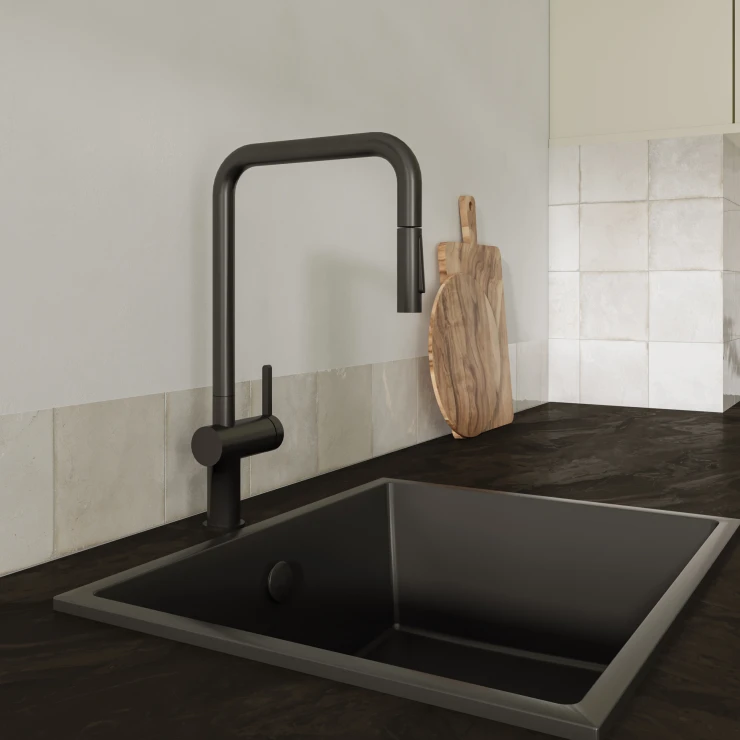 Granitt Kjøkkenvask Corda Svart Matt 54x44 cm med Vannlås