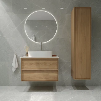 <strong>Badrumspaket Ekskär</strong>  Ek 80 cm med Cosentino Ljusbeige Bänkskiva, Högskåp, Spegel, Handfat, Tvättställsblandare & Bottenventil