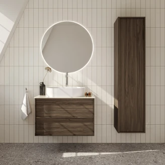 <strong>Badrumspaket Ekskär</strong>  Valnöt 80 cm med Cosentino Ljusbeige Bänkskiva, Högskåp, Spegel, Handfat, Tvättställsblandare & Bottenventil