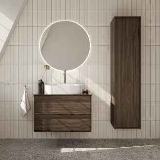 <strong>Badrumspaket Ekskär</strong>  Valnöt 80 cm med Cosentino Brun Bänkskiva, Högskåp, Spegel, Handfat, Tvättställsblandare & Bottenventil