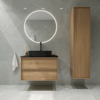 <strong>Badrumspaket Ekskär</strong>  Ek 80 cm med Cosentino Svart Bänkskiva, Högskåp, Spegel, Handfat, Tvättställsblandare & Bottenventil