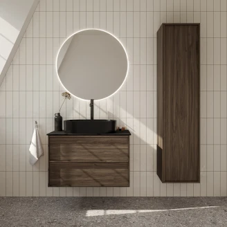 <strong>Badrumspaket Ekskär</strong>  Valnöt 80 cm med Cosentino Svart Bänkskiva, Högskåp, Spegel, Handfat, Tvättställsblandare & Bottenventil