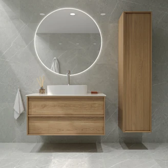 <strong>Badrumspaket Ekskär</strong>  Ek 100 cm med Cosentino Ljusbeige Bänkskiva, Högskåp, Spegel, Handfat, Tvättställsblandare & Bottenventil