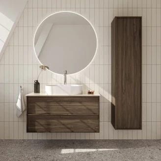 <strong>Badrumspaket Ekskär</strong>  Valnöt 100 cm med Cosentino Ljusbeige Bänkskiva, Högskåp, Spegel, Handfat, Tvättställsblandare & Bottenventil