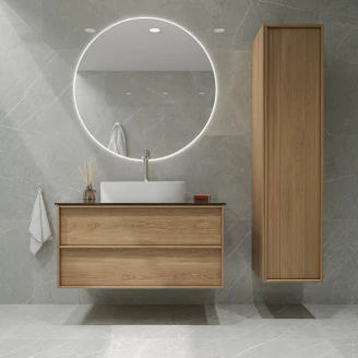 <strong>Badrumspaket Ekskär</strong>  Ek 100 cm med Cosentino Brun Bänkskiva, Högskåp, Spegel, Handfat, Tvättställsblandare & Bottenventil