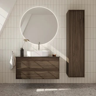 <strong>Badrumspaket Ekskär</strong>  Valnöt 100 cm med Cosentino Brun Bänkskiva, Högskåp, Spegel, Handfat, Tvättställsblandare & Bottenventil