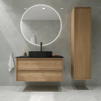 <strong>Badrumspaket Ekskär</strong>  Ek 100 cm med Cosentino Svart Bänkskiva, Högskåp, Spegel, Handfat, Tvättställsblandare & Bottenventil