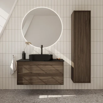 <strong>Badrumspaket Ekskär</strong>  Valnöt 100 cm med Cosentino Svart Bänkskiva, Högskåp, Spegel, Handfat, Tvättställsblandare & Bottenventil