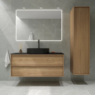 <strong>Badrumspaket Ekskär</strong>  Ek 120 cm med Cosentino Svart Bänkskiva, Högskåp, Spegel, Handfat, Tvättställsblandare & Bottenventil