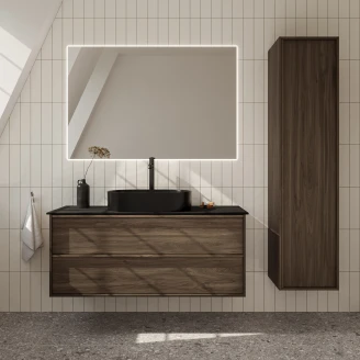 <strong>Badrumspaket Ekskär</strong>  Valnöt 120 cm med Cosentino Svart Bänkskiva, Högskåp, Spegel, Handfat, Tvättställsblandare & Bottenventil