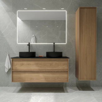 <strong>Badrumspaket Ekskär</strong>  Ek 120 cm med Cosentino Dubbelt Svart Bänkskiva, Högskåp, Spegel, 2xHandfat, 2xTvättställsblandare & Bottenventil