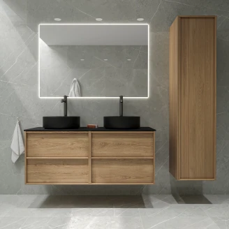 Badrumspaket Dubbelt Ekskär Ek 120 cm med Cosentino Svart Bänkskiva, Högskåp, Spegel, 2xHandfat, 2xTvättställsblandare & Bottenventil