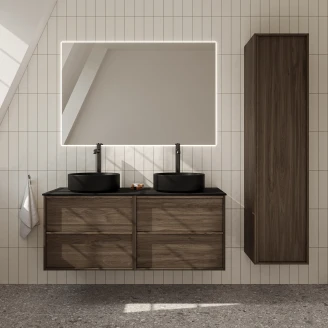 Badrumspaket Dubbelt Ekskär Valnöt 120 cm med Cosentino Svart Bänkskiva, Högskåp, Spegel, 2xHandfat, 2xTvättställsblandare & Bottenventil