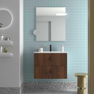 Tvättställsskåp <strong>Runa</strong>  Valnöt Matt 70 cm med 2 Lådor & Handfat Vit Blank