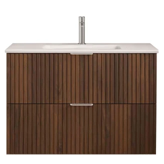 Tvättställsskåp <strong>Runa</strong>  Valnöt Matt 80 cm med 2 Lådor & Handfat Vit Matt