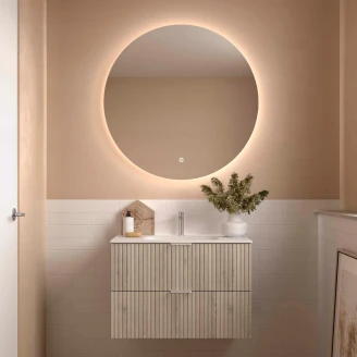 Tvättställsskåp <strong>Runa</strong>  Trä Naturlig Matt 90 cm med 2 Lådor & Handfat Vit Matt