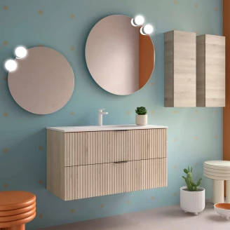 Tvättställsskåp <strong>Runa</strong>  Trä Naturlig Matt 100 cm med 2 Lådor & Handfat Vit Matt