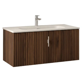 Tvättställsskåp <strong>Runa</strong>  Valnöt Matt 90 cm med Handfat Vit Matt