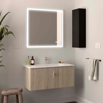 Tvättställsskåp <strong>Runa</strong>  Trä Naturlig Matt 90 cm med Handfat Vit Matt