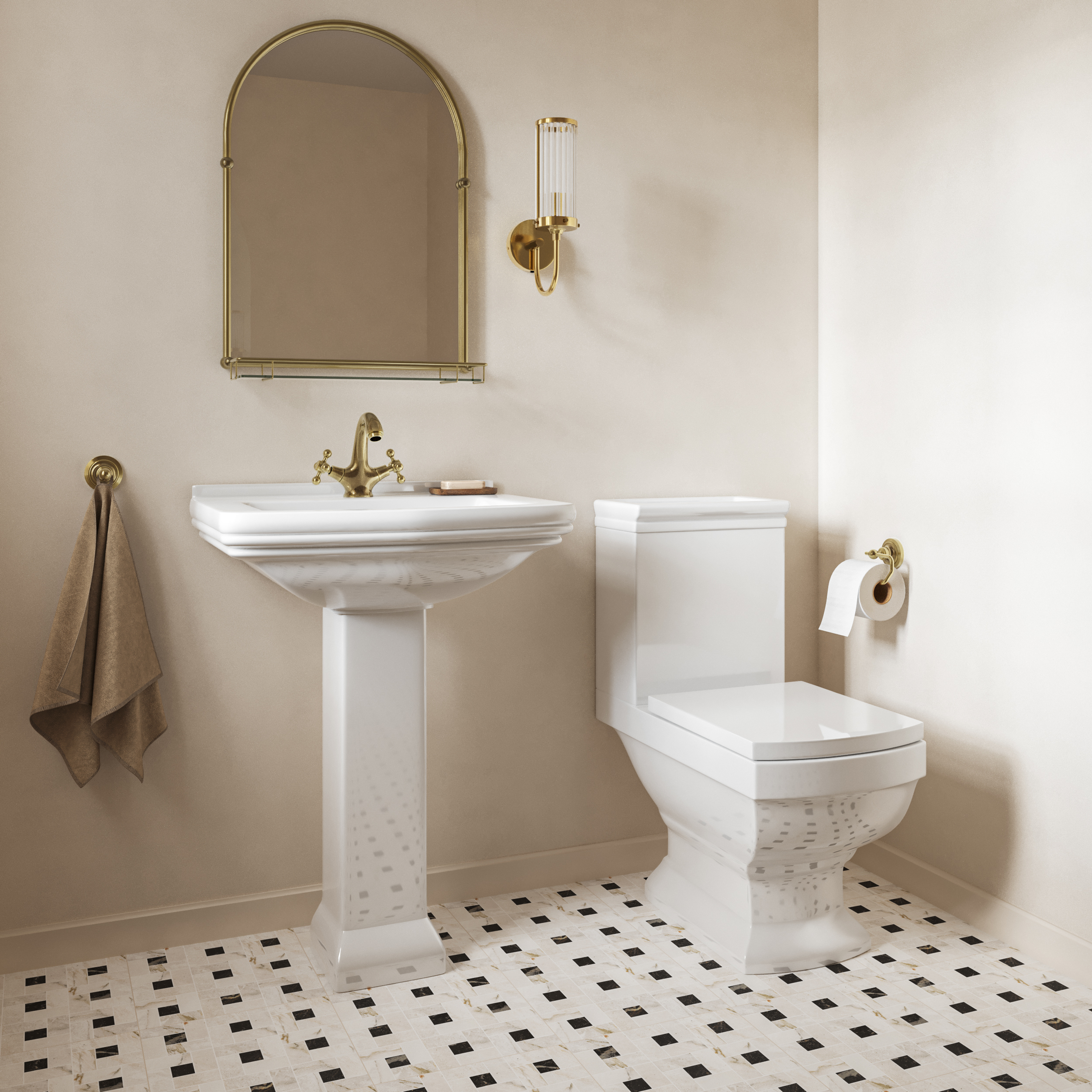 Badrumspaket Mayfair Tvättställ med Piedestal & Toalett Vit Blank