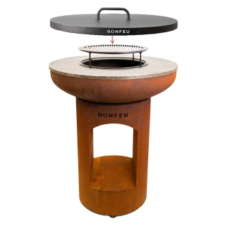 BonFeu Set med BonBiza Eldstad Öppen Cortenstål, Subbel Stålring, Grillgaller Rund & Lock