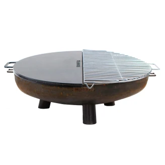 BonFeu Set med Eldskål Cortenstål med Fot 80 cm, Plancha Halvrund & Grillgaller Halvrund